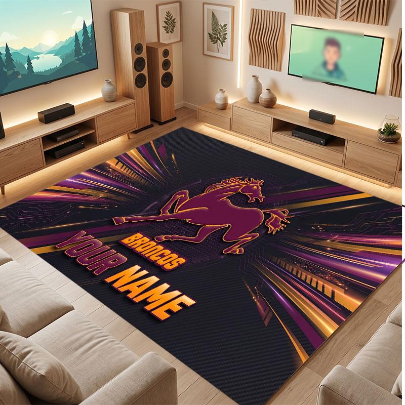 Brisbane Broncos Personalisierter Kristall-Samt-Teppich, Benutzerdefinierter Name Text Weicher Anti-Rutsch-Teppich für Wohnzimmer Schlafzimmer