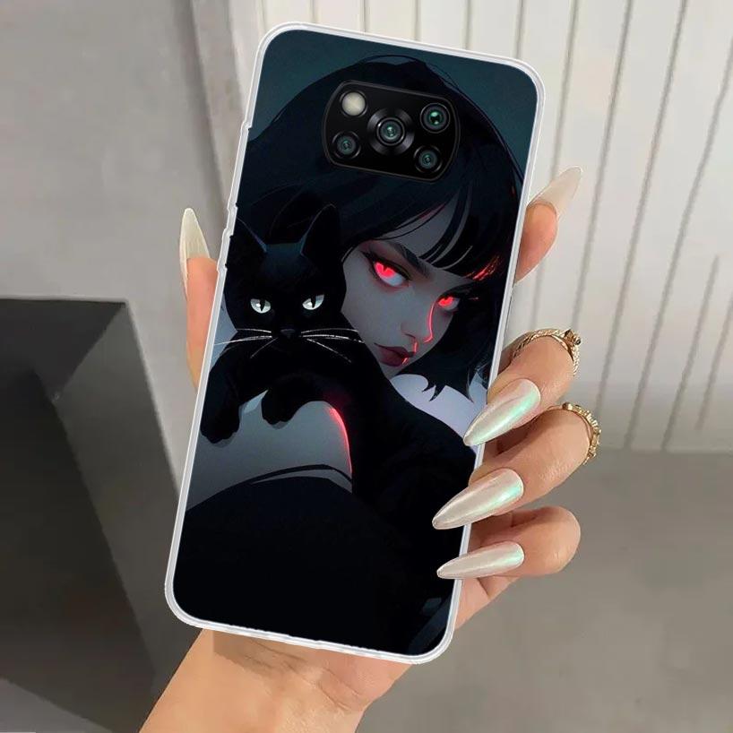 Anime Girls Cute Black Cat Phone Case for Xiaomi Poco X5 X6 X7 Pro F7 Ultra M7 Redmi 15 15C 13 13C 12 12C 10 10A 10C 9 9A 9C 9T