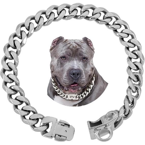 BAOBOTE 15MM Gold Stainless Steel Dog Collar with Cuban Link Chain Heavy Duty Chew Proof Training Collar for Dogs(14" Gold)