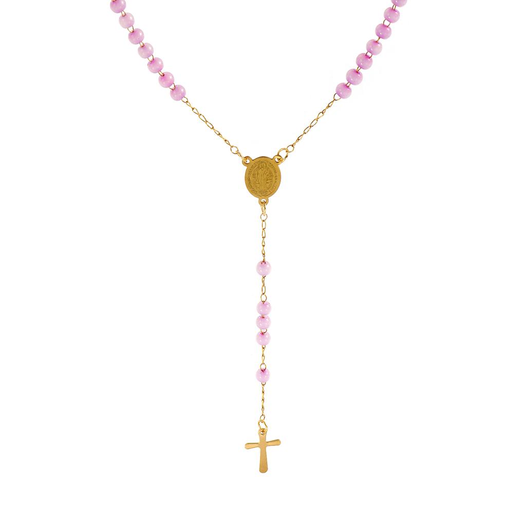 Chaîne perlée Croix Chapelet Collier 304 Acier Inoxydable Plaqué Or 55cm(21,7") St. Médaille de Saint Benoît Religieux Rétro
