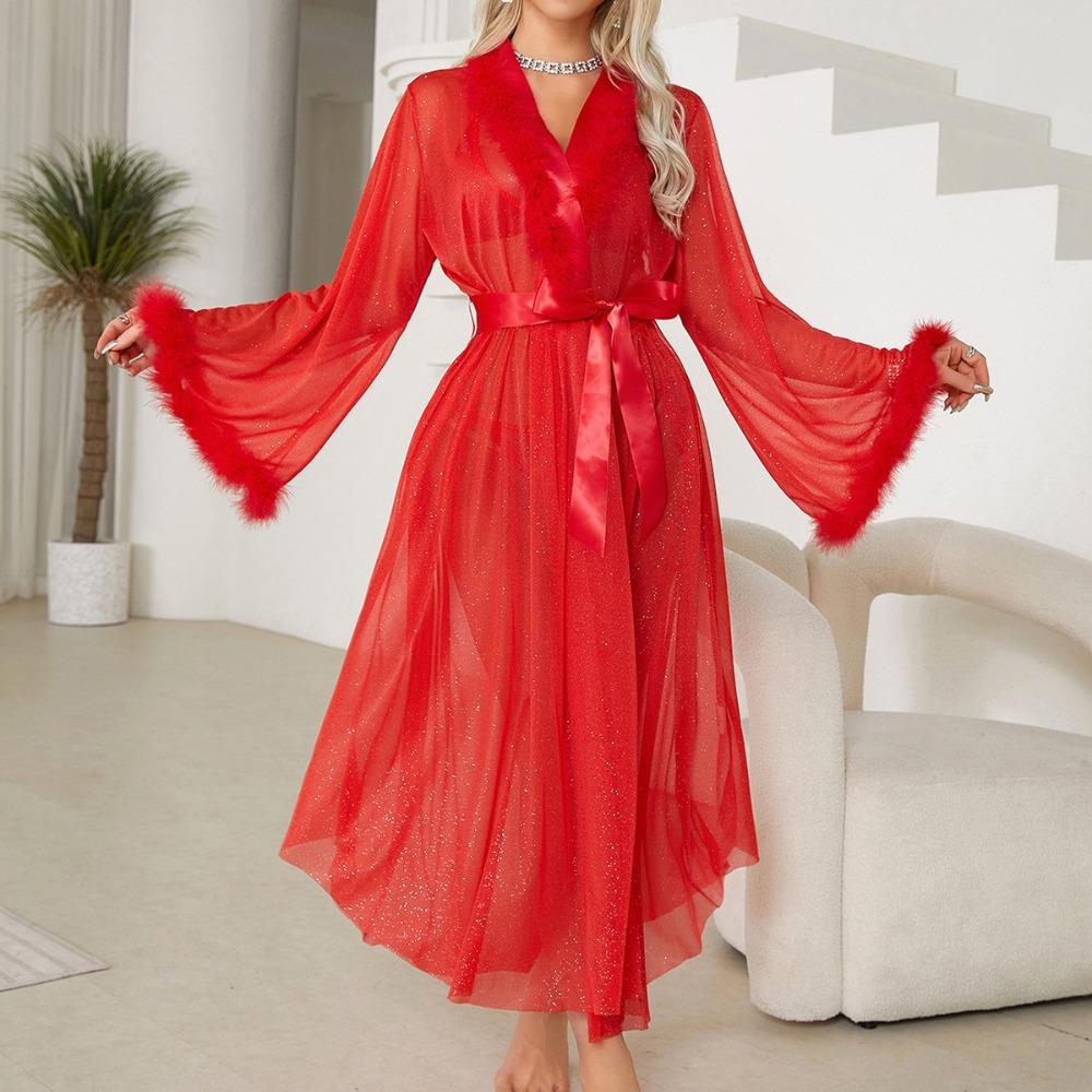 Sølv Silke Pyjamas Lett Luksus Langermet Myk Kjølig Nattkjole Badekåpe Loungewear