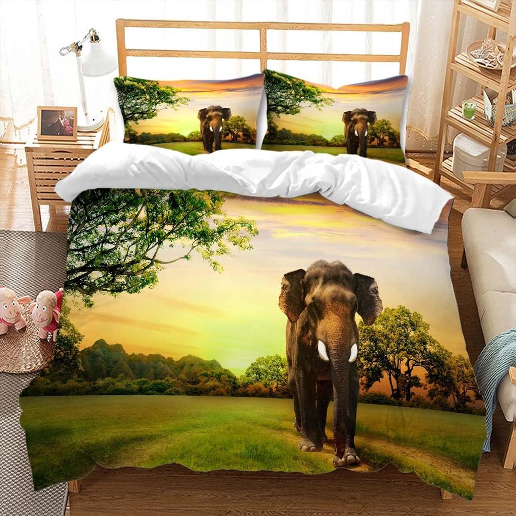 3D Printed Elephant Duvet Cover Queen King Size Elephant Snow Mountain Pattern Bedding Natural Green Grassland 3 Piece Set
