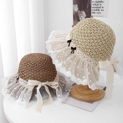 Fashion Lace Mesh Stitching Travel Ins Sweet Bucket Hat Vacation Straw Bow Straw Hat