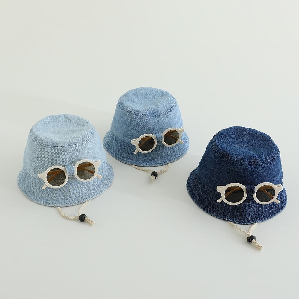 Solid Color Baby Hat With Sunglasses Spring Denim Bucket Hat Fisherman Hats For Kids 1-4 Year
