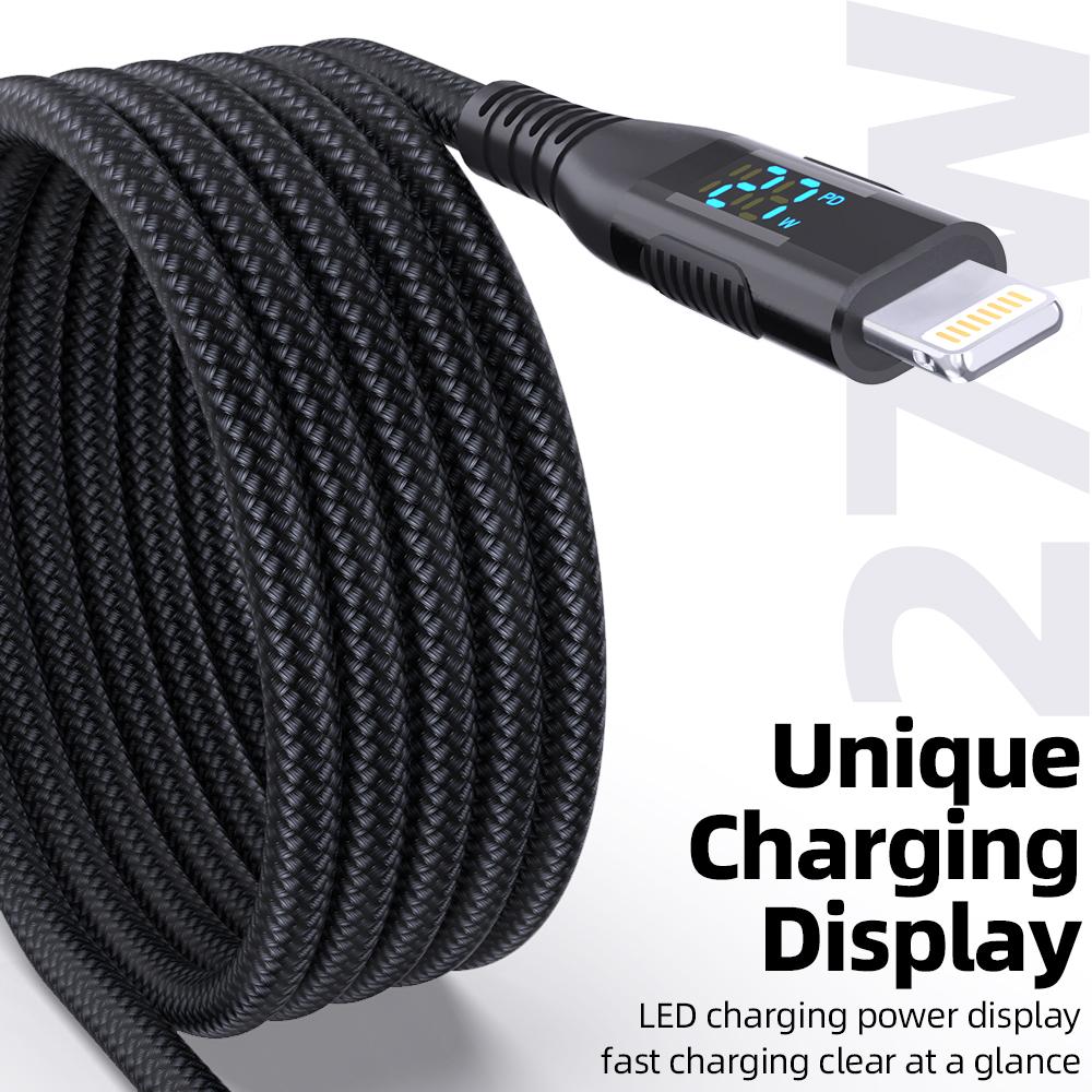 2m USB C to Lightning Cable Digital Display PD 27W Fast Charging Nylon Braided Cord