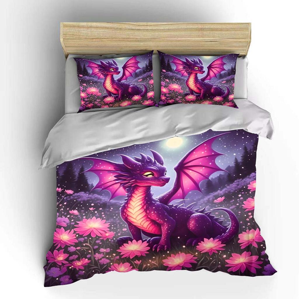 Purple Dragon In Moonlit Flowers Print Bedding Set 1 Duvet Cover 2 Pillowcases For Adult And Children Luxury Gift Full Size