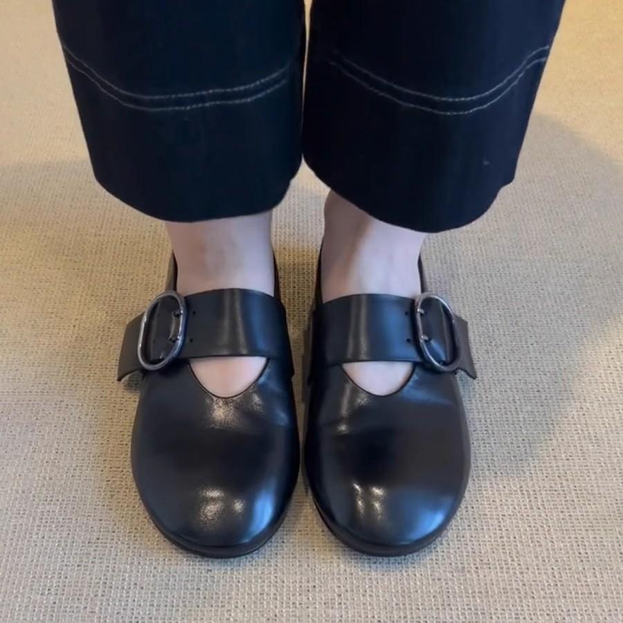 Spot Version~ Round Head Belt Buckle Flat Bottom Mary Jane Shoes Retro Small Single Shoes Grandma Shoes Shallow Mouth Ballet Shoes Women