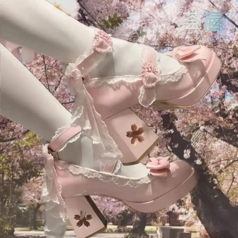 Women Shoes Lovely Girls Lolita Butterfly Knot High Heels Platform Shoe Women Students Cute Sakura Wedding Dress Shoe Mary Janes