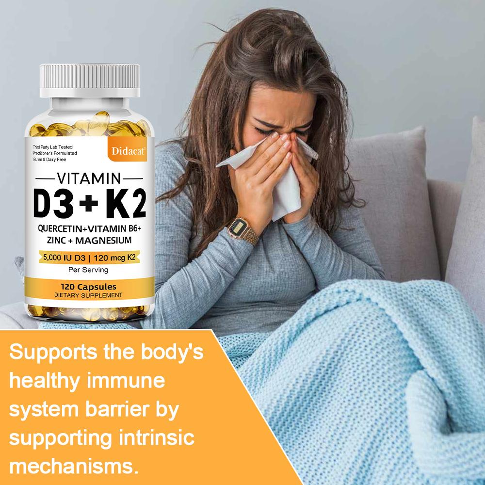 Vitamina D3 e K2 5000 UI Supporto per la salute muscolare Vegetariano Alta intensità 120 capsule molli