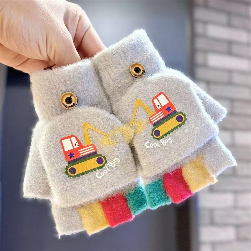 Herbst- und Winter-Kinderhandschuhe Cartoon Bagger Muster Bunte Halbhand Strickhandschuhe Warm und Kältefest Plüsch Klapphandschuhe