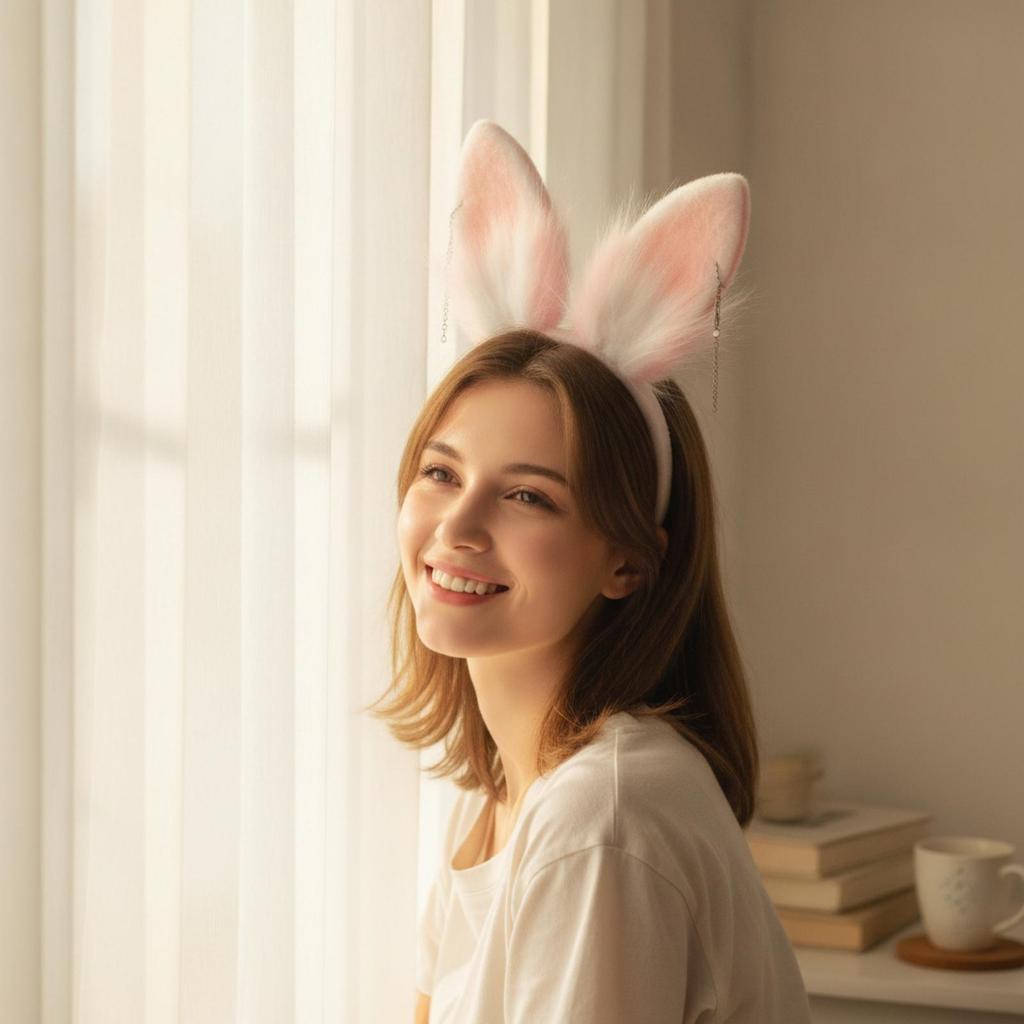 Bunny Ear Headband with Charms Plush Rabbit Costume Furry One Size