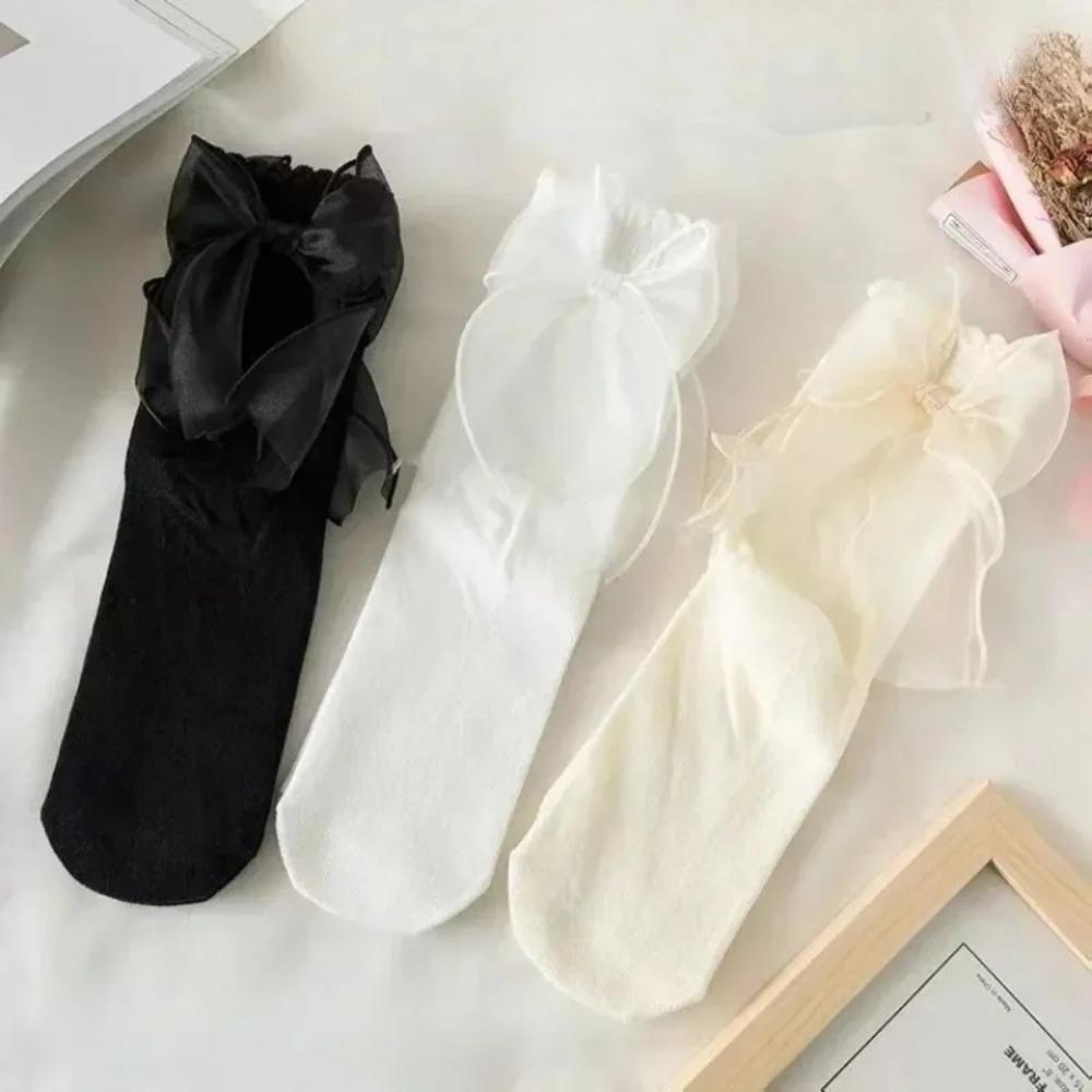 Lolita Bow Tie Mid Calf Lace Socks Princess Japanese Style Cute Socks for Women Girls Dress Skirt Accessories 1Pair Kawaii Socks