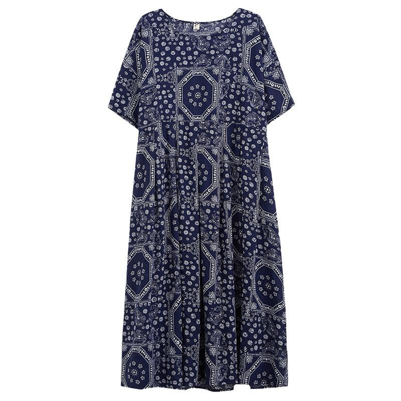 Abiti Cotone Lino Taglia Forte Stampa Fiori Vintage Abbigliamento Autunnale Donna Casual Largo Lungo Abito Estivo
