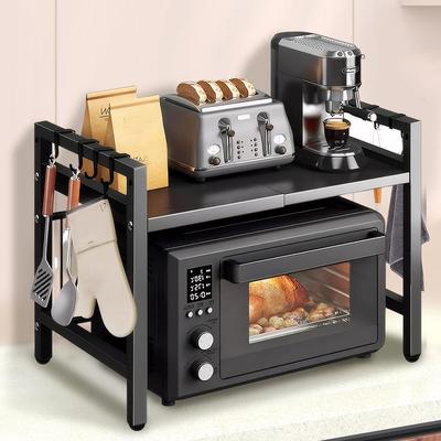 Prateleiras de Cozinha com 6 Ganchos Suporte para Micro-ondas Estante de Padeiro Ajuste Telescópico Altura da Camada Prateleira Armazenamento Contagem Suporte para Tábua de Corte