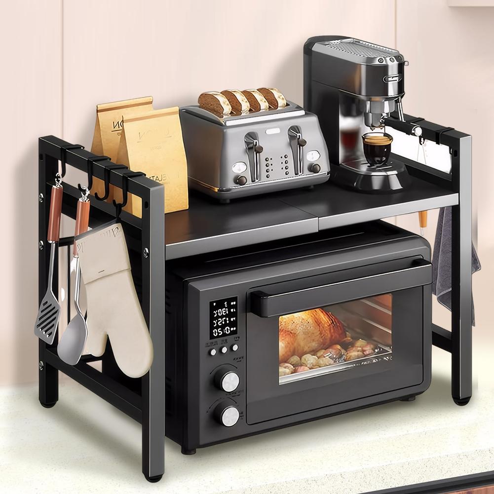 Kitchen Shelves with 6 Hook Microwave Stand Baker’s Rack Telescopic Adjust Layer Height Shelf Storage Count Cutting Board Holder colore grigio chiaro