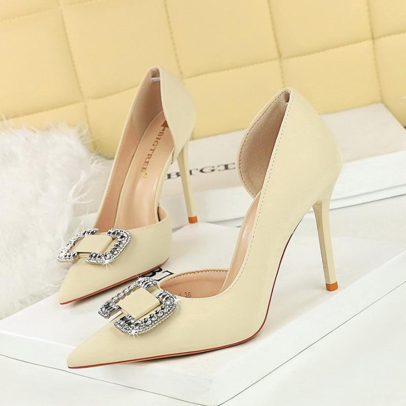 Side Empty Pointed Toe Shallow Mouth Women's Shoes Rhinestone Buckle Slim Heels High Heels Super High Heels Satin Single Shoes