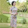 Womens Modern Cheongsam Dress Vintage Style Mid-Length Slim Fit Ice Silk Linen Blend 3D Print Stand Collar