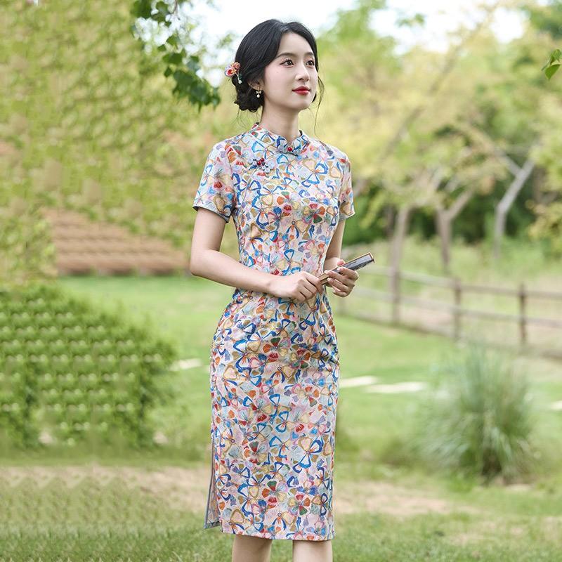 Womens Modern Cheongsam Dress Vintage Style Mid-Length Slim Fit Ice Silk Linen Blend 3D Print Stand Collar