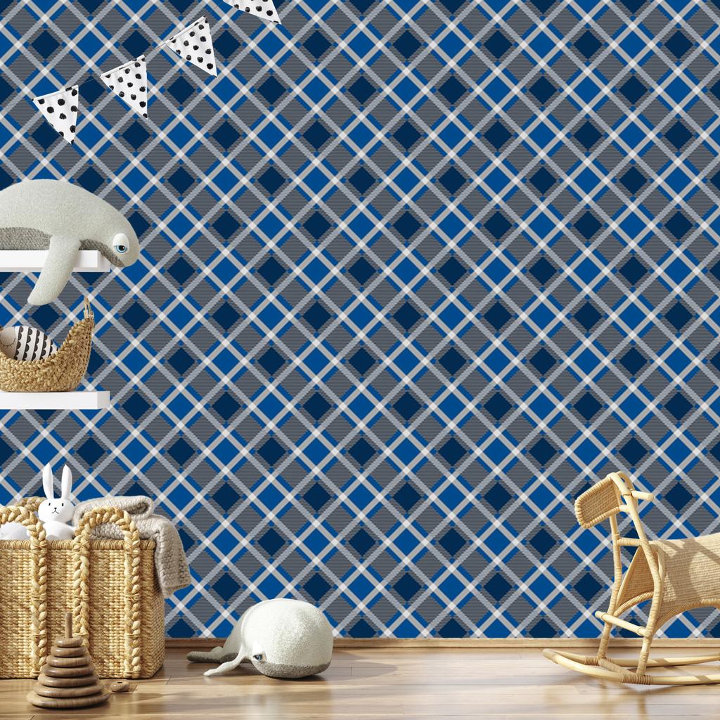 Blue Checkered Wallpaper, Blue, Navy Blue, and Gray, 50x1000