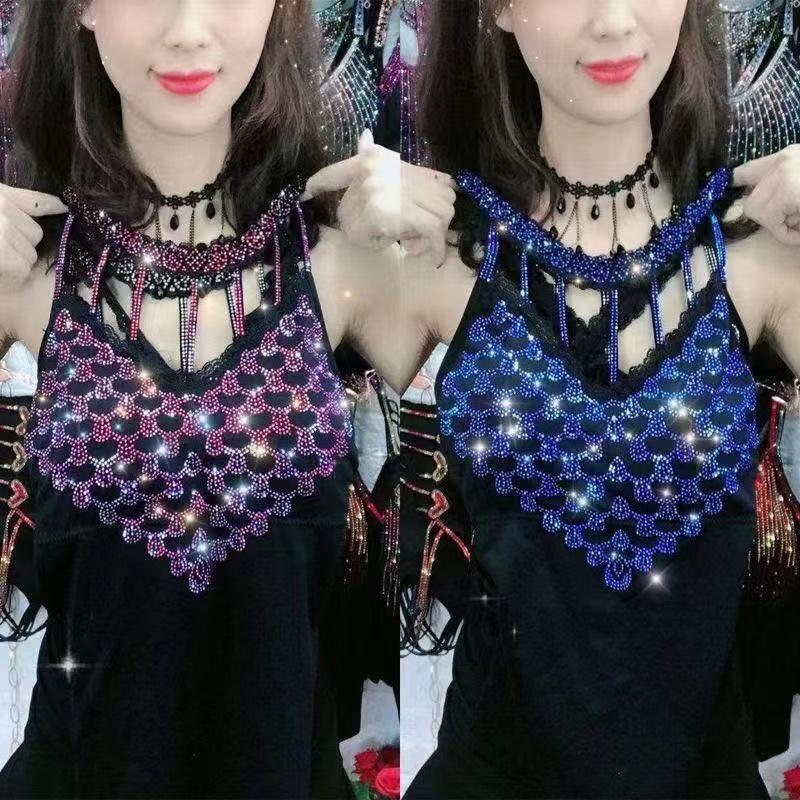 Rhinestones Inlaid Camisole Women Sexy Elastic Fashion Colorful Pattern Autumn Winter Warm High Quality All-Match Vest New