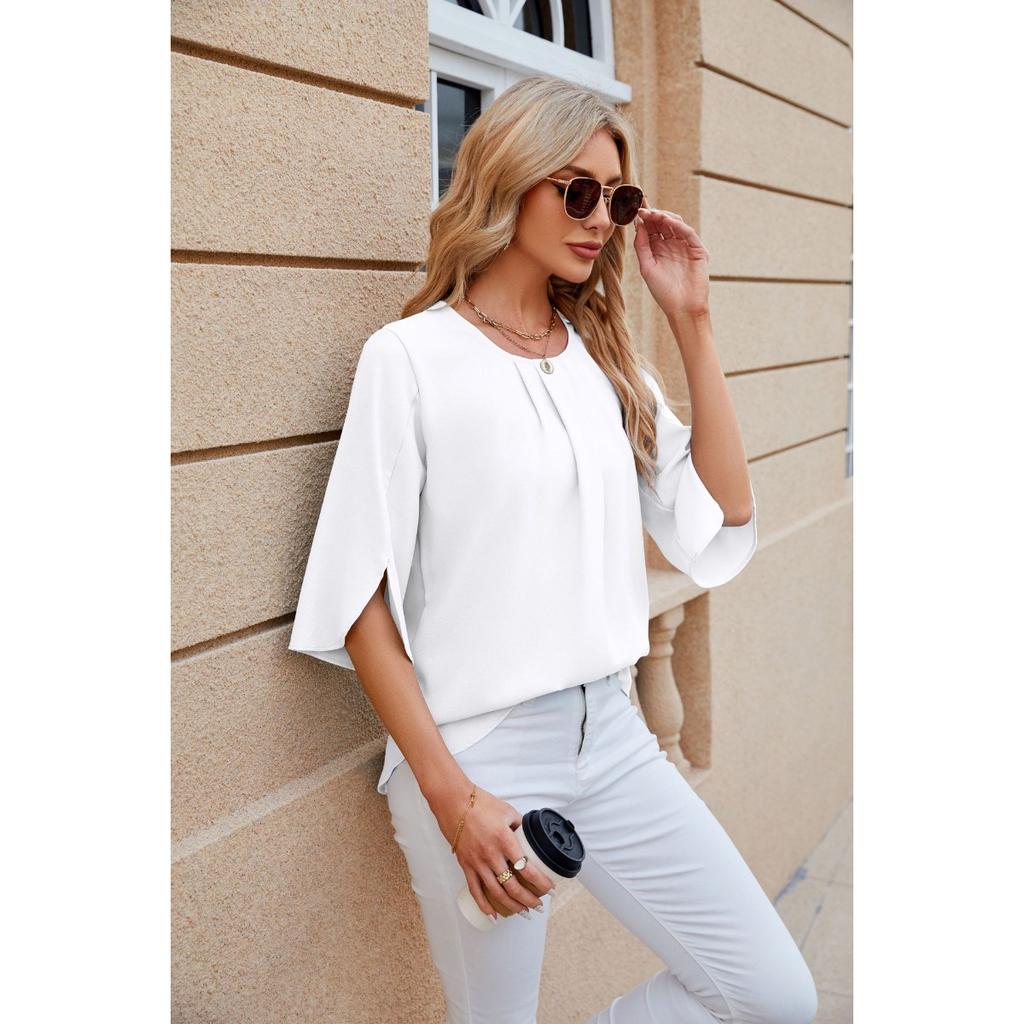 Solid Colour Round Neck Five-quarter Sleeve Short Sleeve,loose Chiffon Shirt Tops for Women