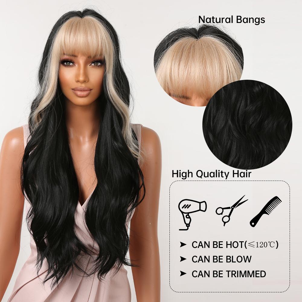 Lange schwarze Kunsthaar-Perücken mit blonden Pony, natürlich gewellt, für Damen, Halloween, Cosplay, Kostüm, Perücke, hitzebeständig, für Partys