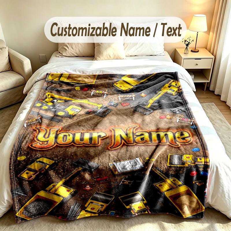 Construction Vehicles Theme Custom Blanket Personalized Name & Text Customized Soft Warm Throw Blanket Home Decor
