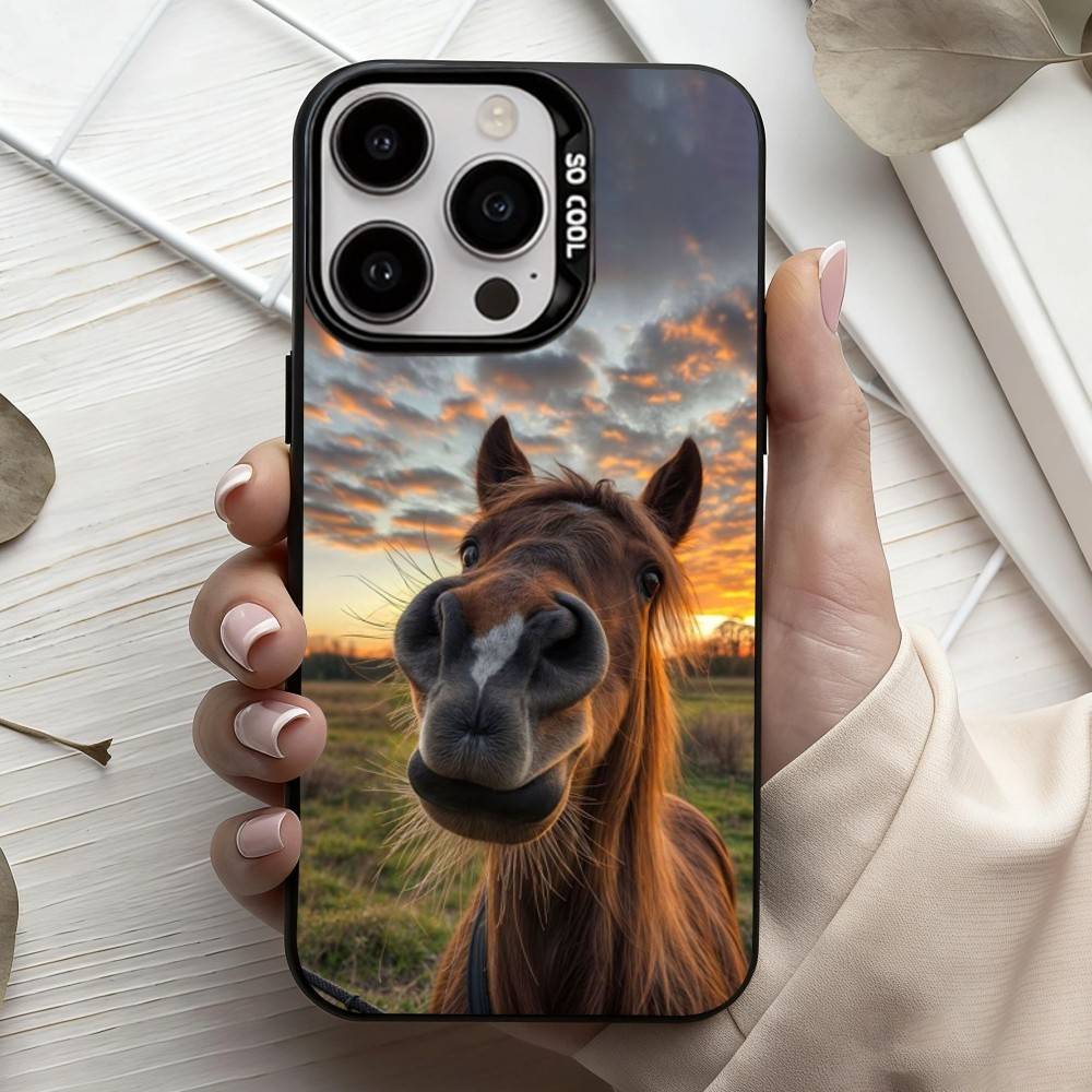 Funny Art Horse Animal   Phone Case For iPhone17,16,15,14,13,12,11 Plus,Pro Max Black Candy silver phone case