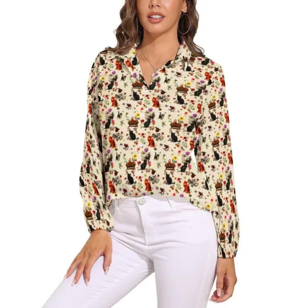 Black Cat Blouse For Women Cute Classic Cat Print Loose Blouses Long Sleeve Kawaii Shirts Spring Casual Clothing Big Size Blouse