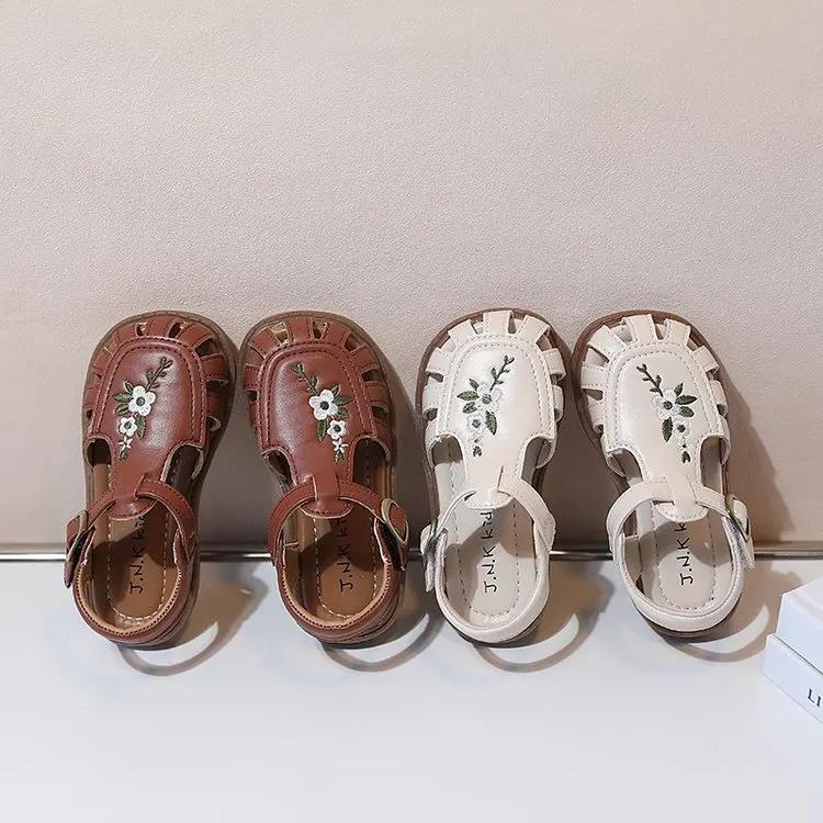 Traditional Chinese Embroidery Kids Shoes for Girl Sandals Summe Retro Princess Shoes Roman Style Girls Leather Shoes Kid F05173