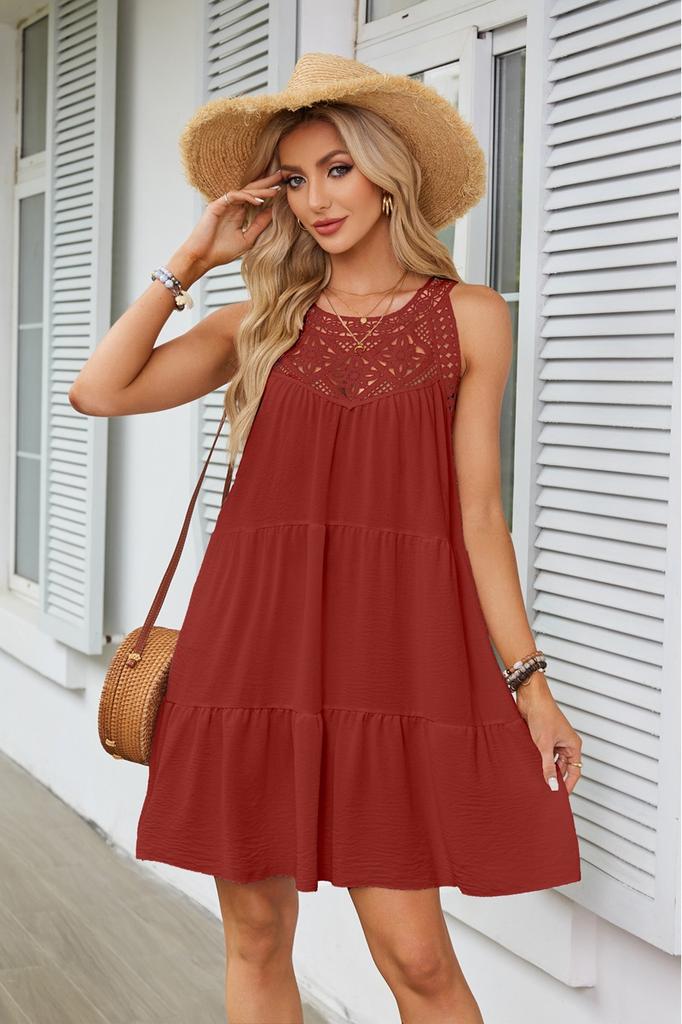 Women's Spring and Summer, Hollow Lace Splicing Neck A-word Dress