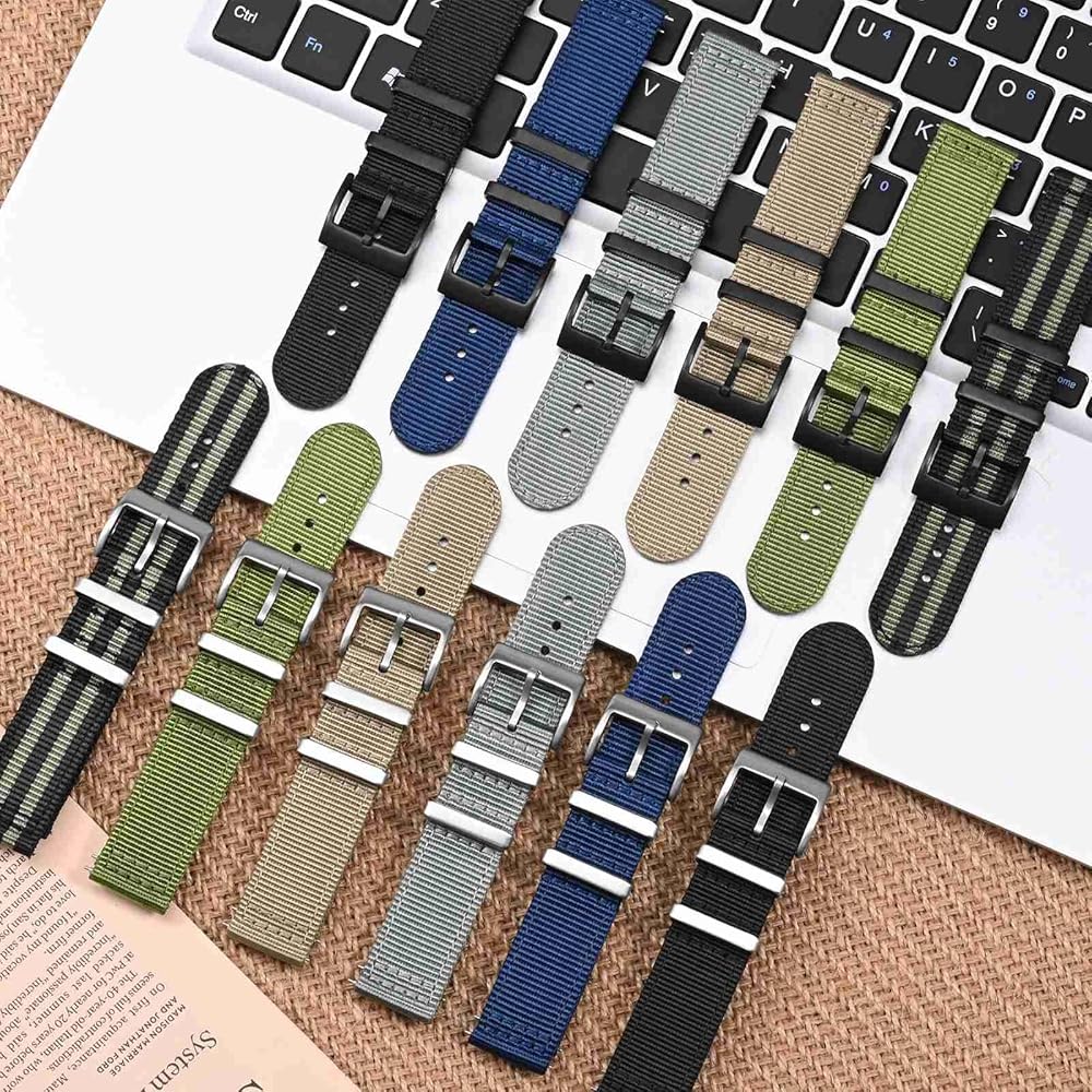 [ANBEER] 20mm Nylon Two-Piece Quick Release Replacement Strap with Metal Loop Khaki Silver Buckle