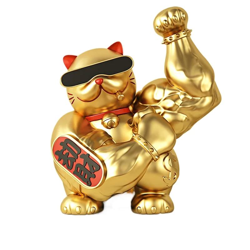 Statua Decorativa Gatto Dorato con Muscoli delle Braccia Grandi per Negozio Soggiorno Gatto Portafortuna Scultura Animale Cartone Animato Statua Gatto Vigorous