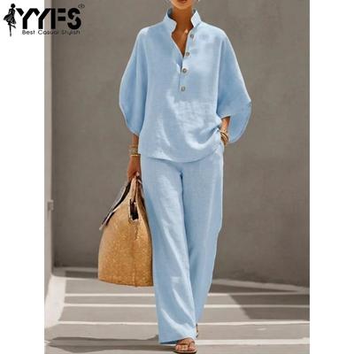 Women's Fashion Casual Summer Spring Solid Color Print 3/4 Sleeves Half Turtleneck Trousers Pants Suits