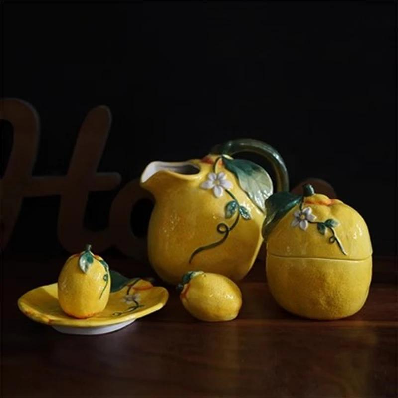 Lemon Shaped Ceramic Plate for Dessert, Fruit Tray, Afternoon Tea Kettle, Milk Mug, European Dinnerware, Colored Underglaze