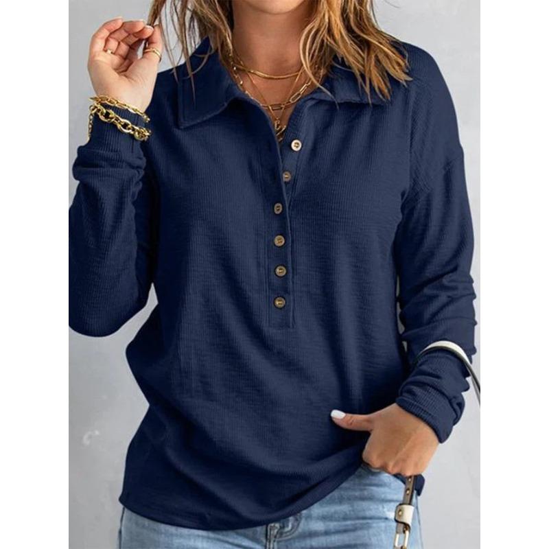 Autumn and Winter Solid Color Knitted Shirt Single breasted Flip Collar Loose Casual Top Women's Pullovers & Long Sleeves