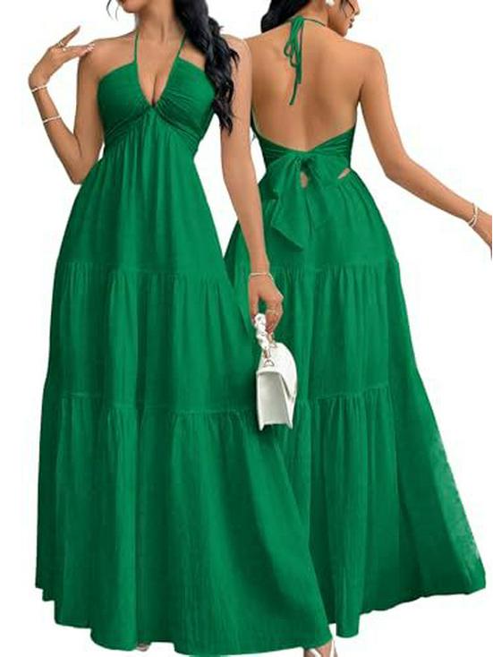 European & American Deep V Spaghetti Strap Backless Dress - Wedding, Party & Vacation Style