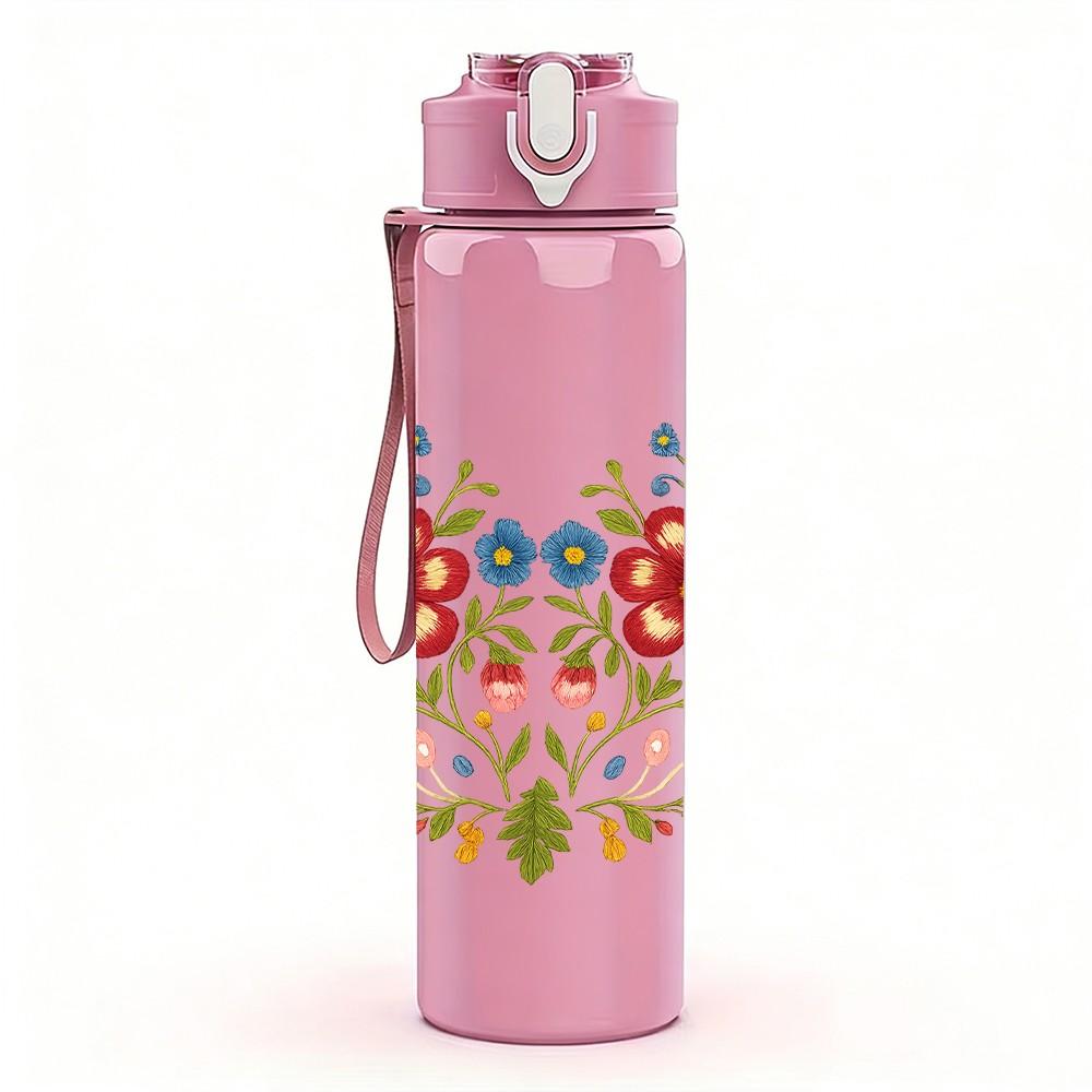 1PC Folk Floral Heart Garland 750ml Color Plastic Sports Water Bottle Leakproof Flip Straw Lid Suitable for Sports Office Home Use