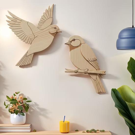 2 Pcs Wooden Bird Wall Art Rustic Flying Sparrow And Bird On Tree Branch Wall Hanging Decor for Living Room Bedroom Kitchen Office