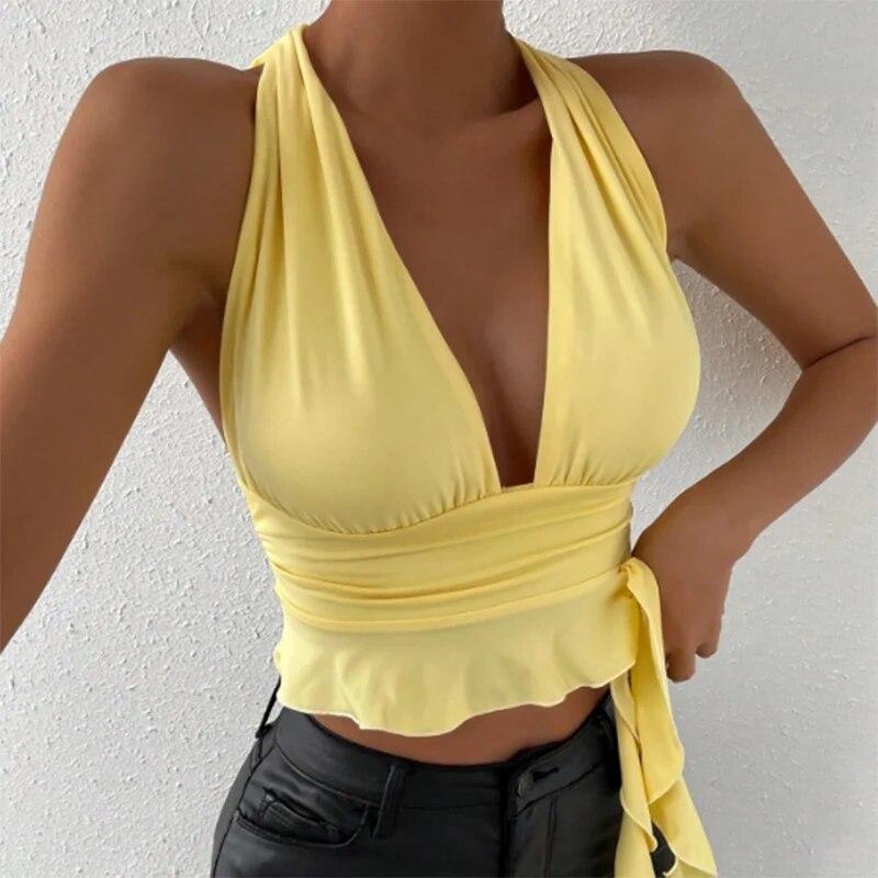 Women's Sexy Tight Fitting Deep V-neck Pleated Top Tight Fitting 2025 Spring Beach Resort Nightclub New Model Women's Sexy Tigh