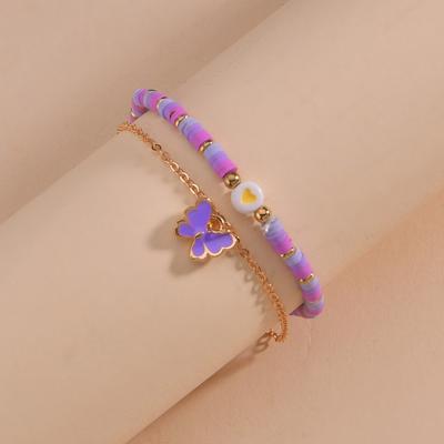 2pcs Girls Anklets Trendy Purple Bead String Butterfly Foot Chain For Women Summer Beach Leg Decoration Chain Jewelry Accessory