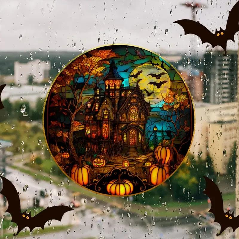 Halloween Stained Window Glass Stickers Colorful Horror Castle Cat Static PVC Glue Free Decorative Film Party Home Decoration