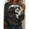 Autumn and Winter Women's Cat 3D Printed Crew Neck Long Sleeve T-Shirt