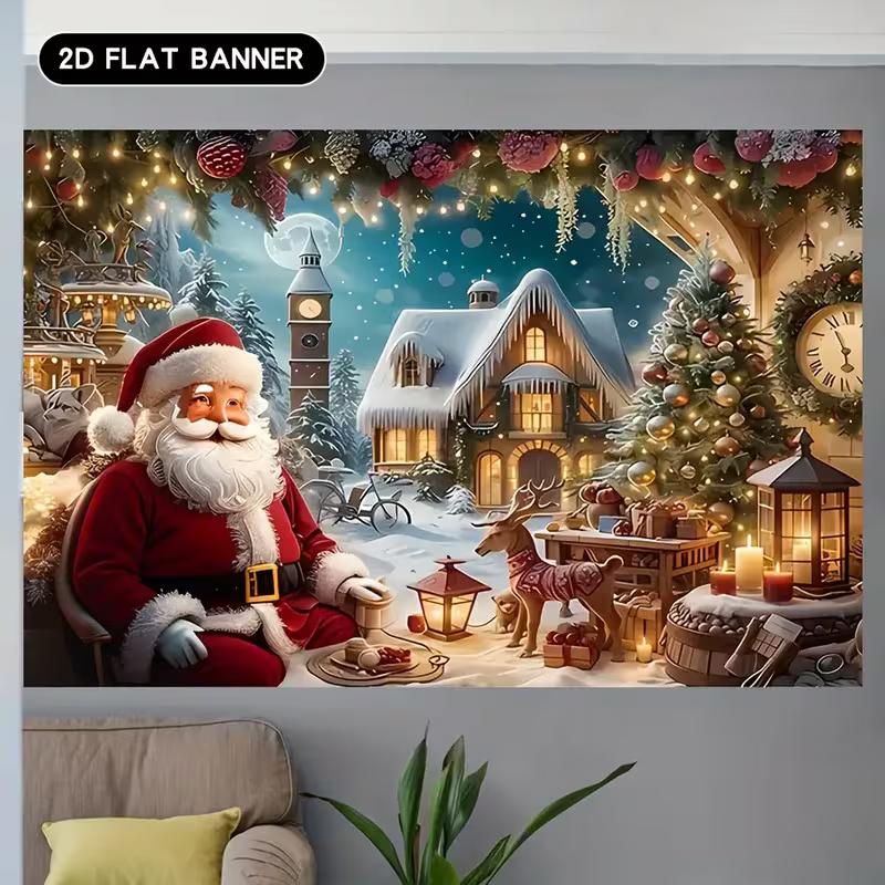 2D Weihnachts-Rentier-Wandteppich, Magische Winterlandschaft mit verschneitem Dorf und Rentieren