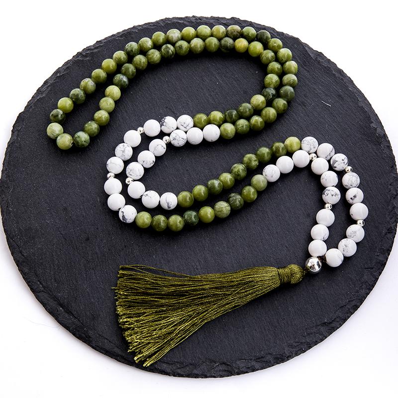 Collier de perles Mala en jade Howlite du Sud de 8 mm 108 bijoux de prière de yoga de méditation pour hommes et femmes chapelet Japamala à pompon 86cm