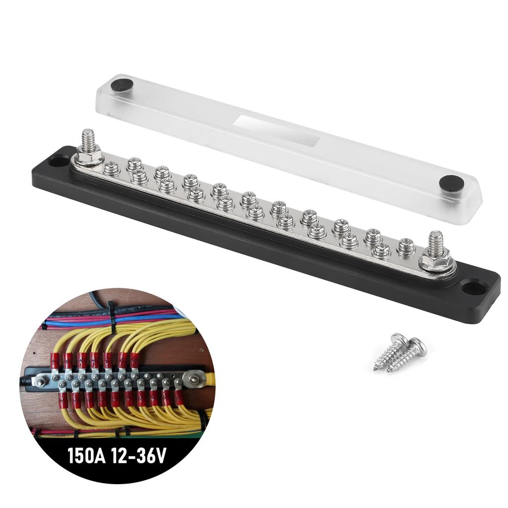 20 Way 150A 36V DC Bus Bar Heavy Duty for Car RV Black Power Distribution Block with Cover Terminal for Marine Boat Solar Truck