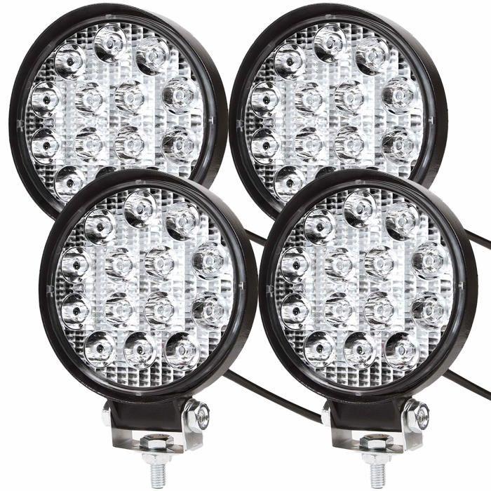 4 X 42W Phare de Travail à led, Projecteur Ronde 12V 24V Phares Longue Portee led IP67 Spot Flood Lumière de recul(4 PCS)