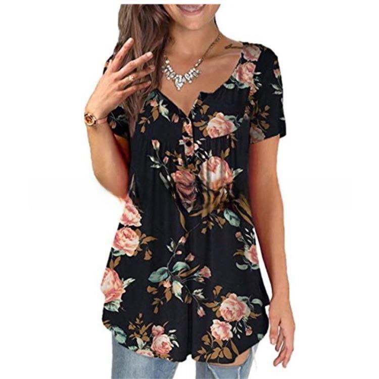 Women Summer Casual Floral Print Short Sleeve Henry Shirt