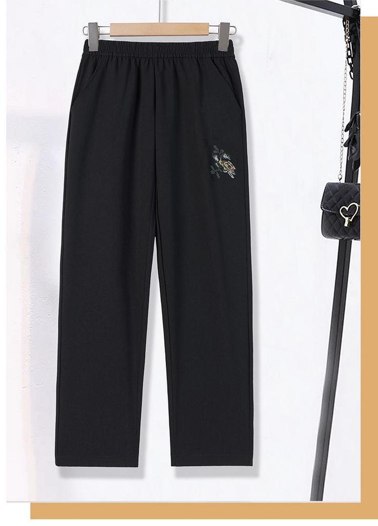 Mom's Summer High-Waisted Elastic Straight Leg Embroidered Pants for Middle-Aged Women