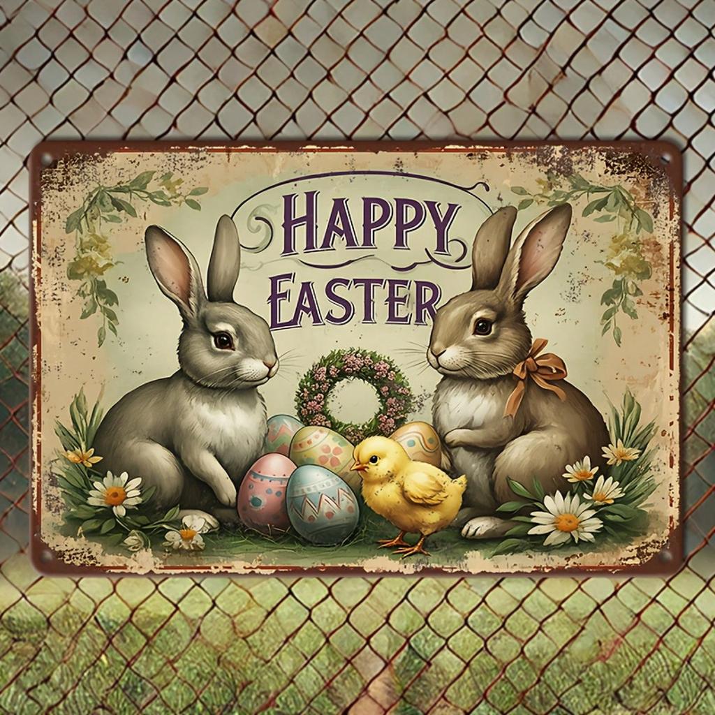 Cartello Metallico da Parete Vintage per Pasqua x Pollici Stile Country Design Buona Pasqua Due Coniglietti Pulcino Ferro Resistente Casa